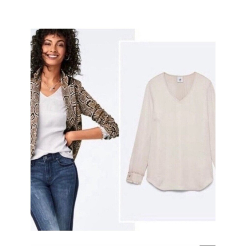 CAbi Style #3768 V-neck Platinum Cream Greige Silky Blouse, Bishop Sleeve, XS
